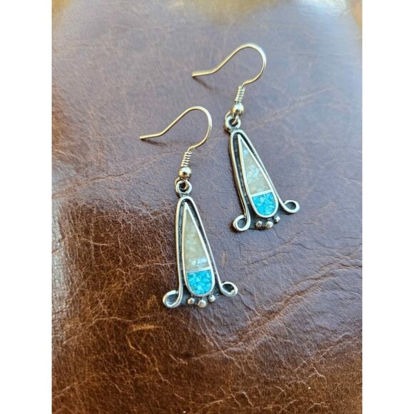 Sterling Silver & Crushed Turquoise/Mother of Pearl Inlay Dangle Earrings - Picture 3 of 7